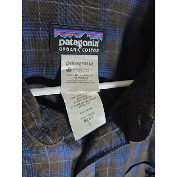 Patagonia Men Large Plaid Organic Cotton Plaid BUtton Down Blue Brown - Picture 2 of 5